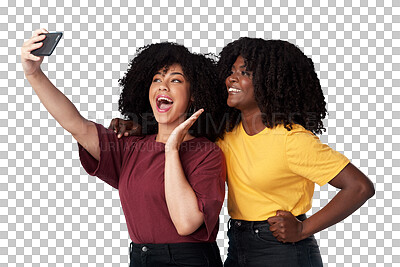 Buy stock photo Selfie, wow and happy woman or friends social media and content creation isolated on transparent, png background. Surprise, natural hair influencer or african people in profile picture or video call