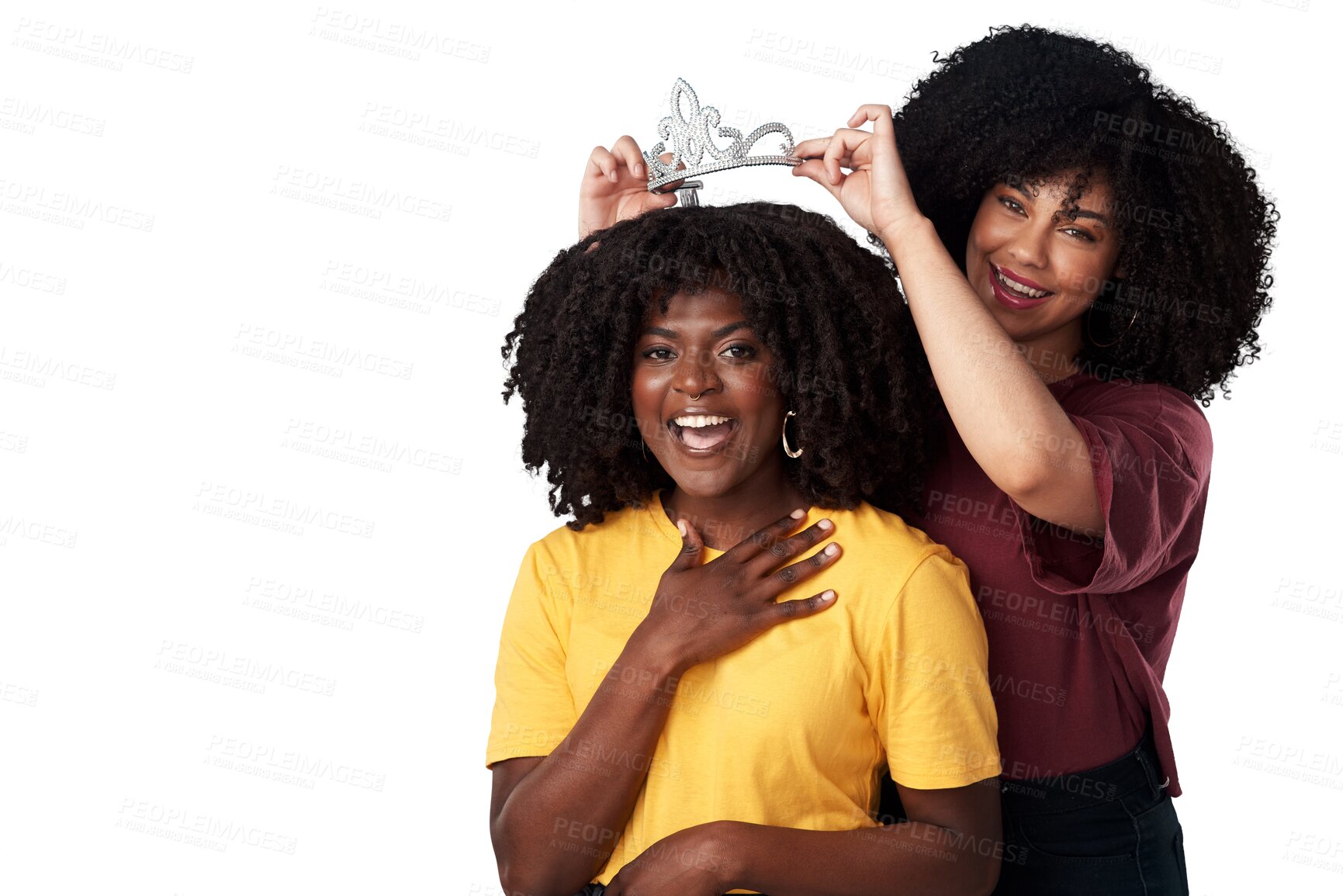 Buy stock photo Crown, friends and women happy together for support, empowerment or freedom. Young and excited black people isolated on a transparent, png background for motivation, help and loyal care for princess