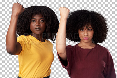 Buy stock photo Fist, strong and power portrait of black women or friends together for protest, empowerment or freedom. Serious people isolated on transparent, png background for motivation, human rights and support