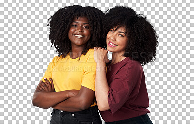 Buy stock photo Black women, happy and portrait of friends together for fashion, empowerment or freedom. Young african people isolated on a transparent, png background for motivation, cosmetics and support or care