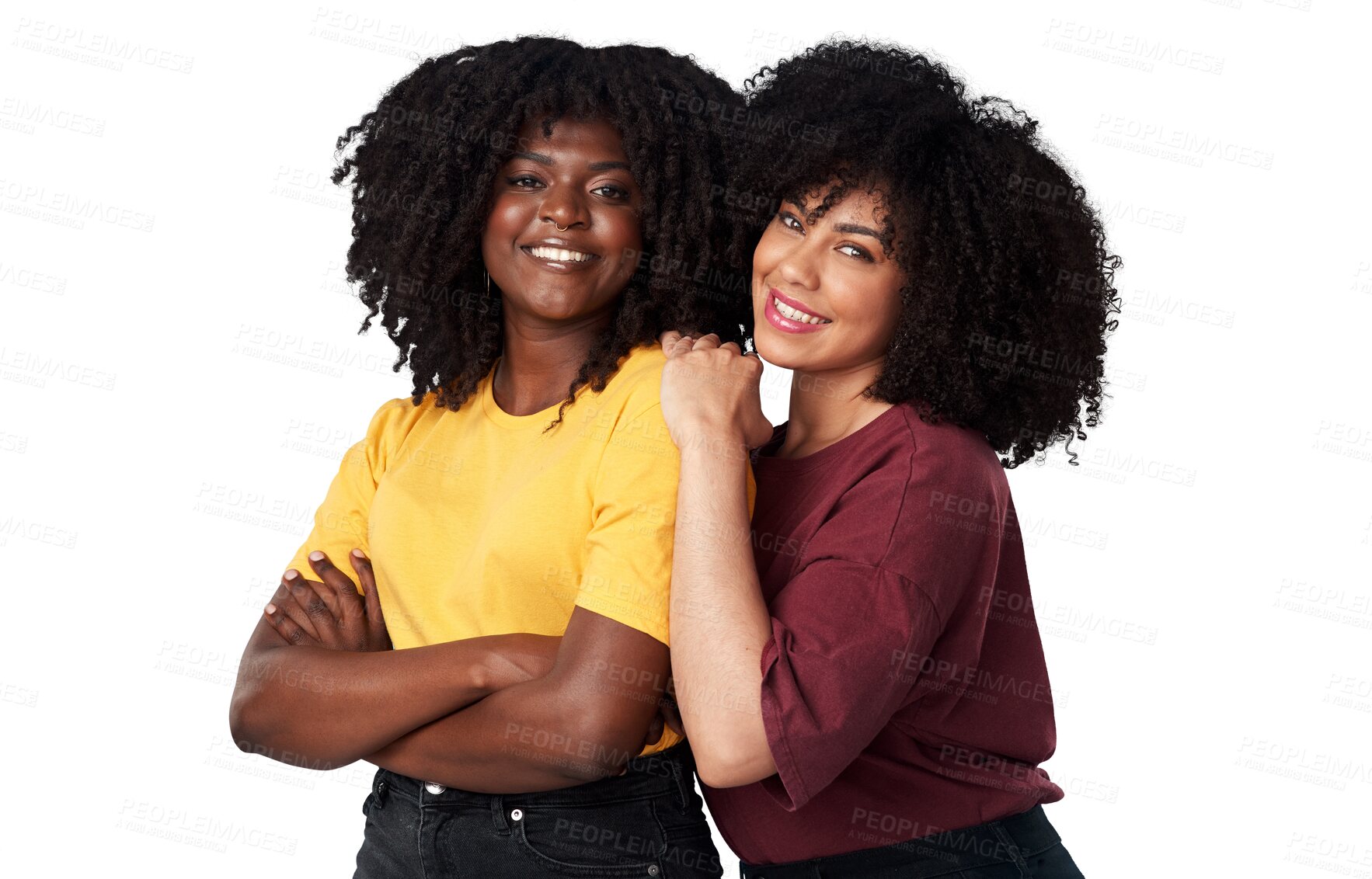 Buy stock photo Black women, happy and portrait of friends together for fashion, empowerment or freedom. Young african people isolated on a transparent, png background for motivation, cosmetics and support or care