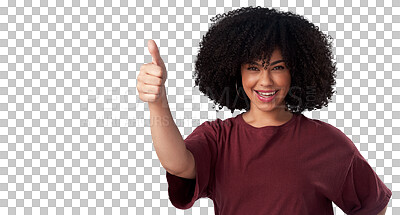 Buy stock photo Portrait, smile and woman with thumbs up for success isolated on a transparent png background. Face, like hand gesture and African model with emoji for agreement, vote or feedback, review or winner.