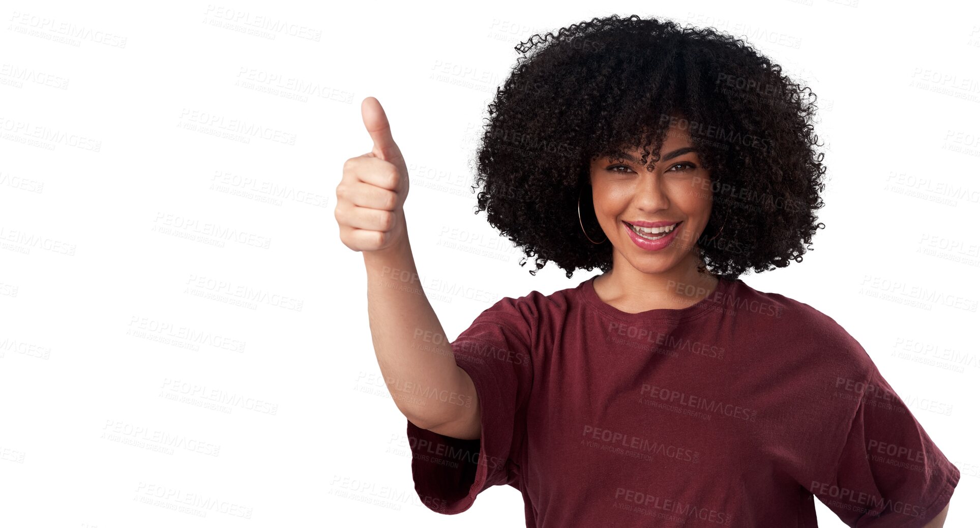 Buy stock photo Portrait, smile and woman with thumbs up for success isolated on a transparent png background. Face, like hand gesture and African model with emoji for agreement, vote or feedback, review or winner.