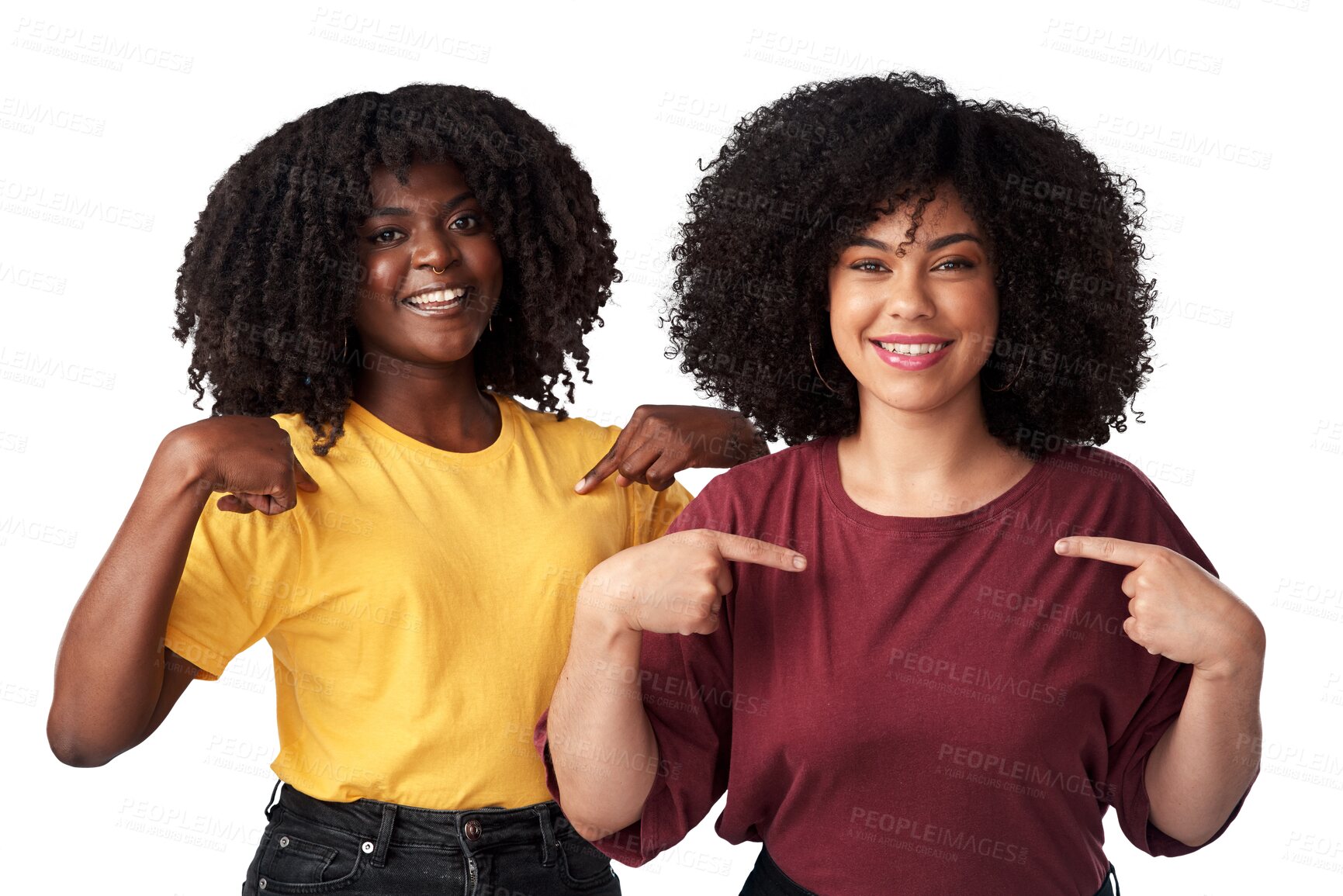 Buy stock photo Happy, black women or friends pointing finger at t shirt for fashion, advertising or freedom. Young african people isolated on a transparent, png background for motivation, template or blank clothes