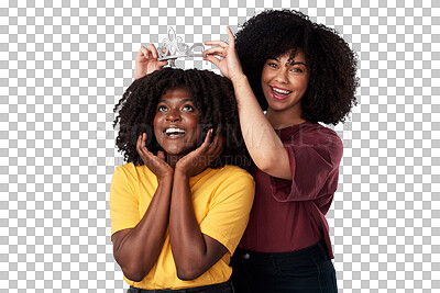 Buy stock photo Women, crown and happy friends together for support, empowerment or freedom. Young, loyal and black people isolated on a transparent, png background for motivation, royalty and help for princess girl