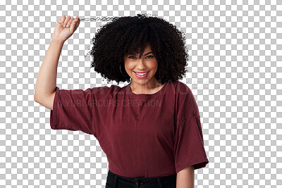 Buy stock photo Hair care, health and portrait of a young woman with an afro hairstyle for salon treatment. Wellness, self care and headshot of female model with healthy curls isolated by transparent png background.