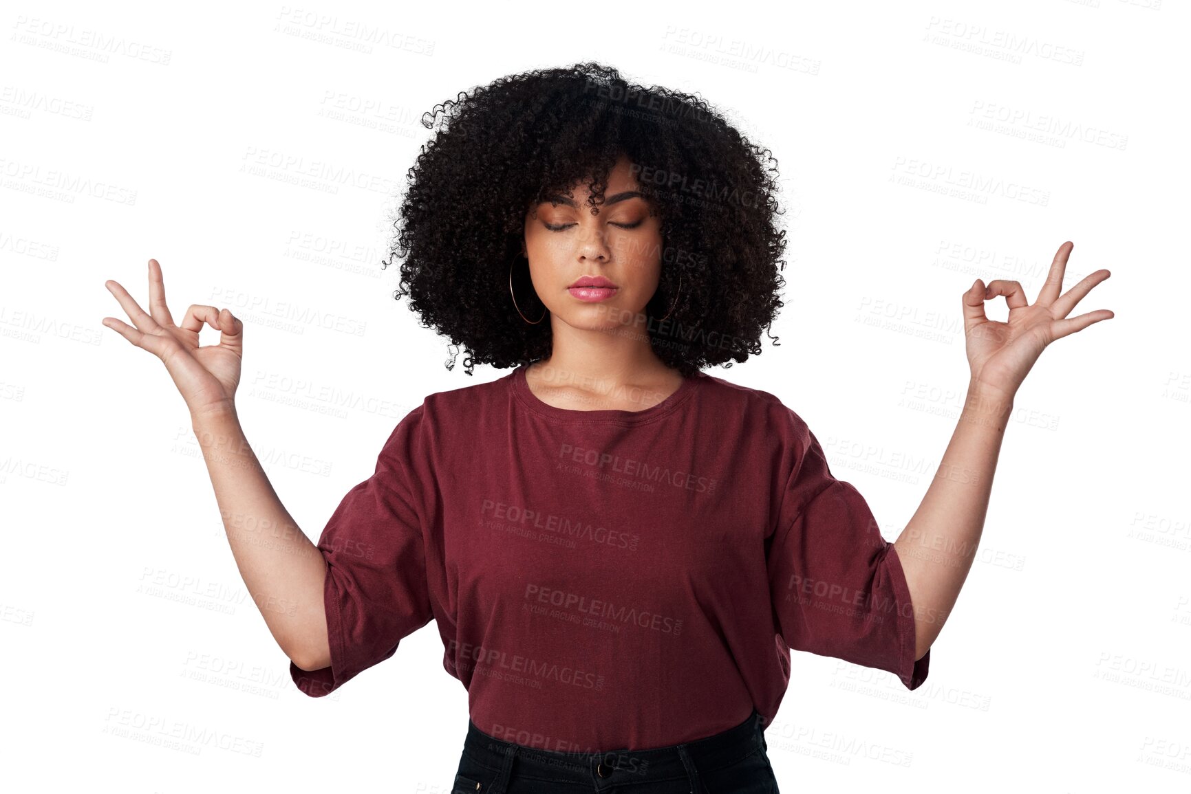 Buy stock photo Woman, calm and yoga hands for peace with breathing in png or transparent and isolated background. Zen, meditate and female person with yogi exercise for wellness to relax for stress free or healing.