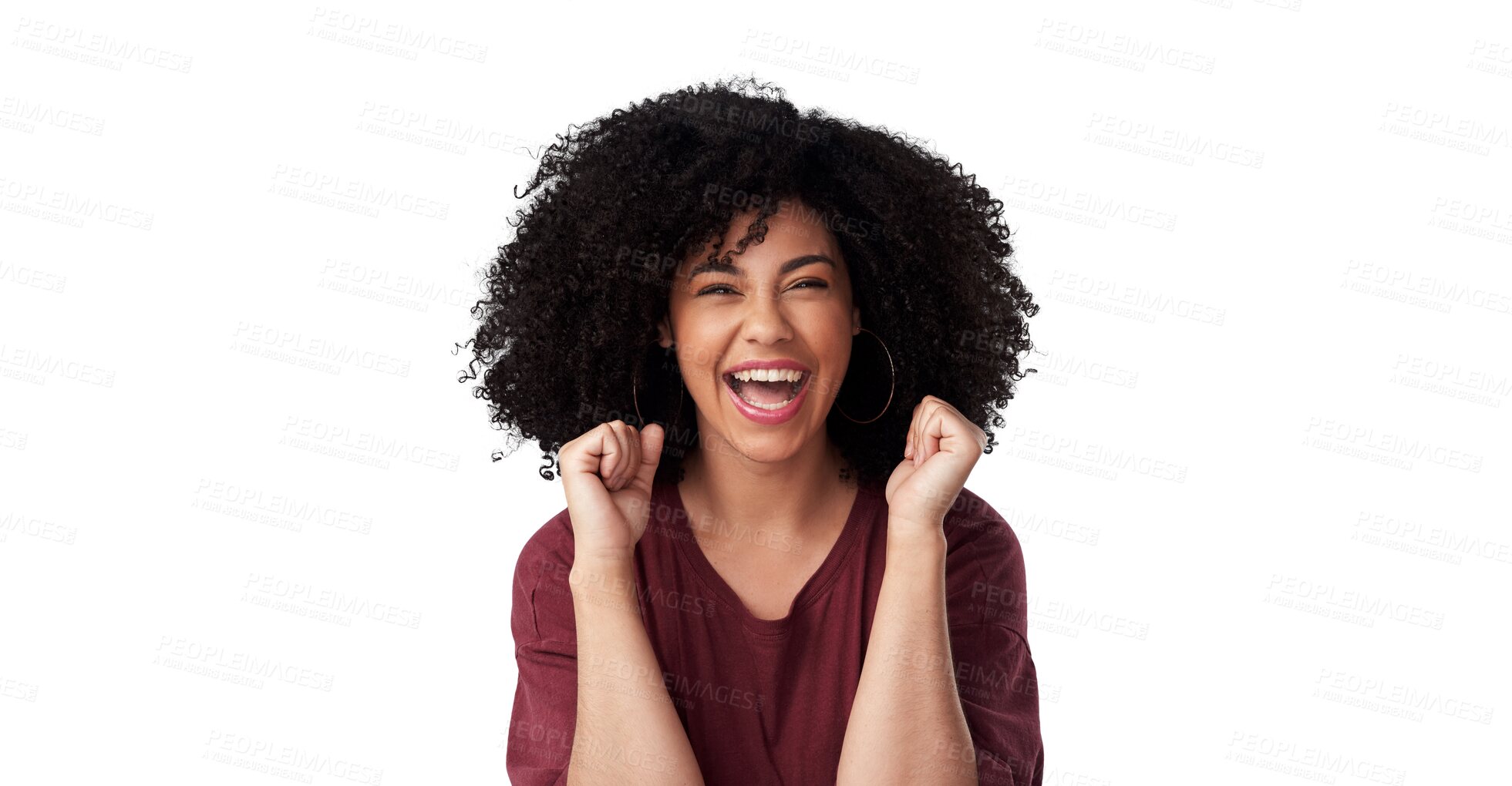 Buy stock photo Winning, happy and portrait of a woman with excited, wow and omg expression for winning or success. Smile, excited and headshot of female model with wow gesture isolated by transparent png background