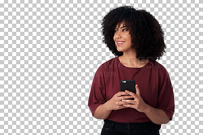 Buy stock photo Happy, thinking and a woman with a phone for social media, notification or chat idea. Smile, vision and a young model or girl typing on a mobile for an app isolated on a transparent png background