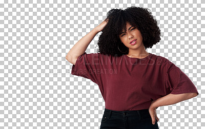 Buy stock photo Portrait, thinking and woman confused, question and solution isolated against a transparent background. Female person, decision or model with problem solving, doubt and why with png, choice and ideas