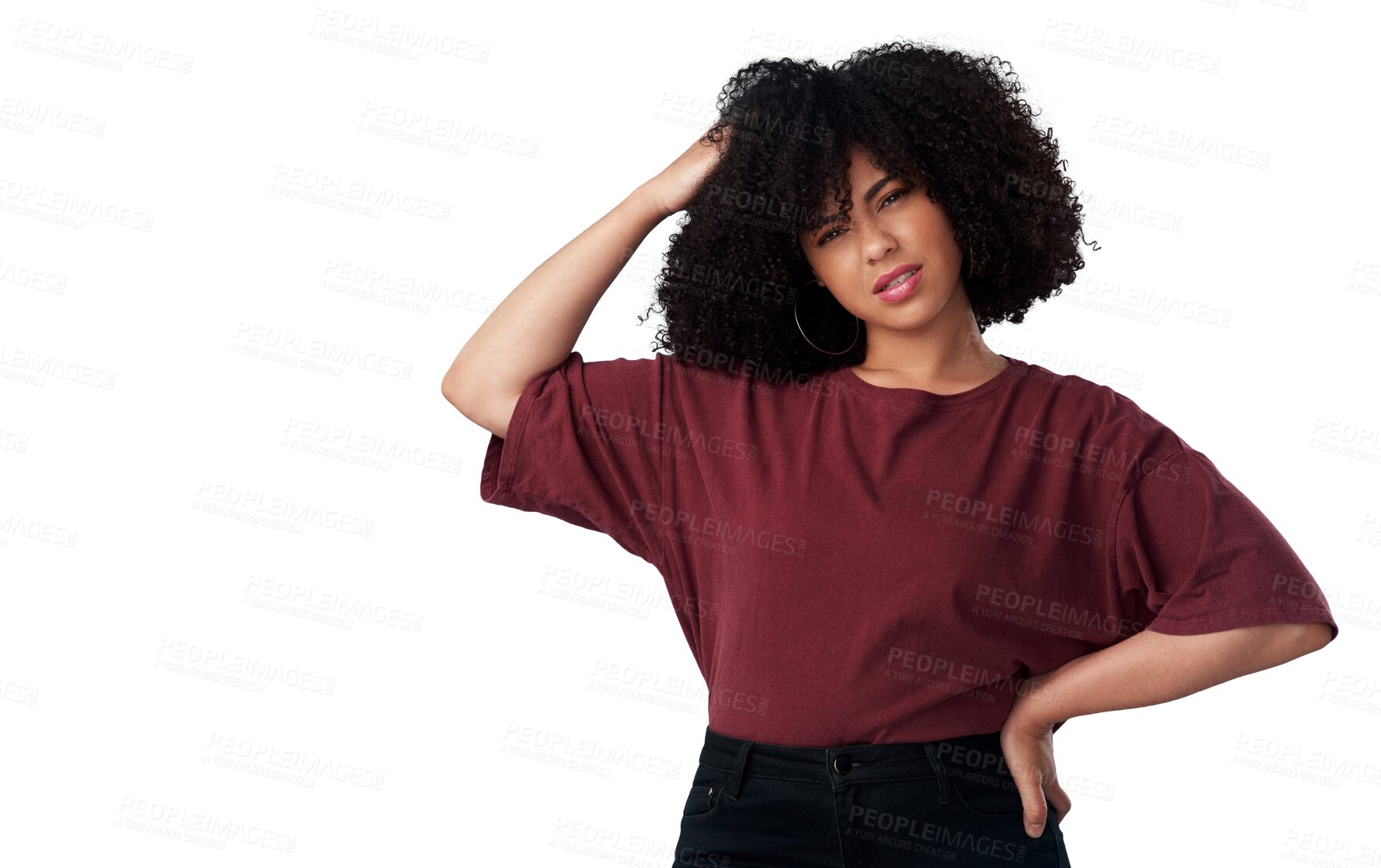 Buy stock photo Portrait, thinking and woman confused, question and solution isolated against a transparent background. Female person, decision or model with problem solving, doubt and why with png, choice and ideas