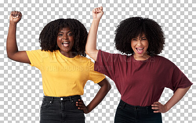 Buy stock photo Strong, fist and power portrait of women friends together for protest, empowerment or freedom. Happy black people isolated on a transparent, png background for motivation, human rights and support