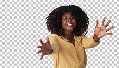 Buy stock photo Happy, gesture and portrait of black woman with care, love or extending arms for a hug. Smile, confident and African model or person gesturing for affection and isolated on transparent png background