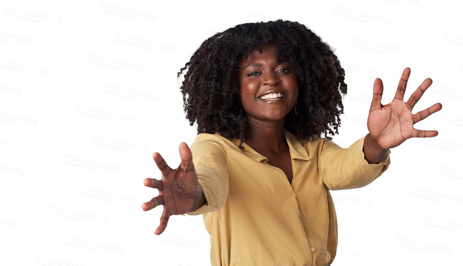 Buy stock photo Happy, gesture and portrait of black woman with care, love or extending arms for a hug. Smile, confident and African model or person gesturing for affection and isolated on transparent png background