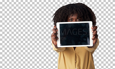 Buy stock photo Isolated woman, tablet screen and blank with space for mockup, promotion or logo by transparent png background. African student girl, digital touchscreen and empty for branding, app and portrait