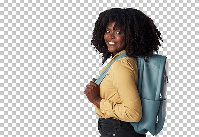 Buy stock photo Portrait, student and black woman with backpack with smile in png or transparent or isolated background. University, girl and bag for college with happiness or confidence for education or study.