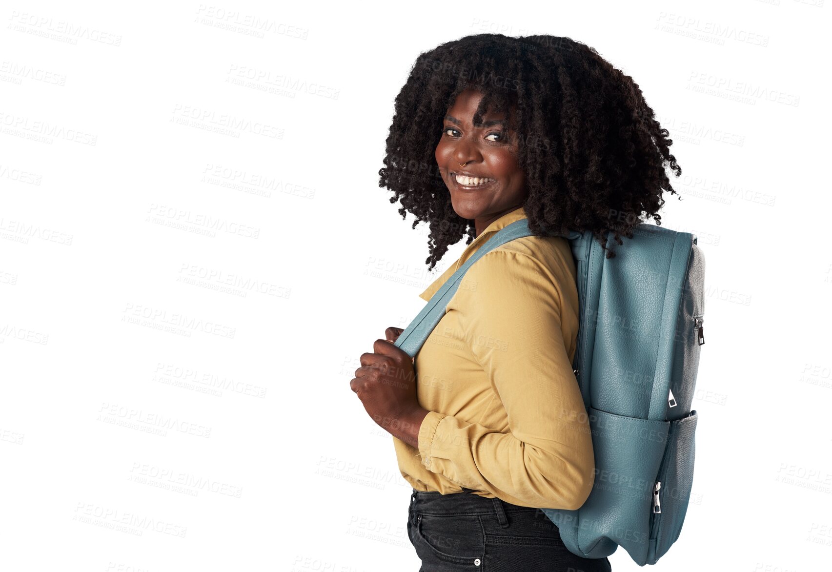 Buy stock photo Portrait, student and black woman with backpack with smile in png or transparent or isolated background. University, girl and bag for college with happiness or confidence for education or study.