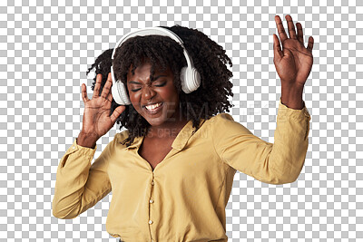 Buy stock photo Woman, headphones and dance to happy music, streaming service and gospel or religion podcast. African person with praise and worship listening to radio or audio isolated on transparent png background