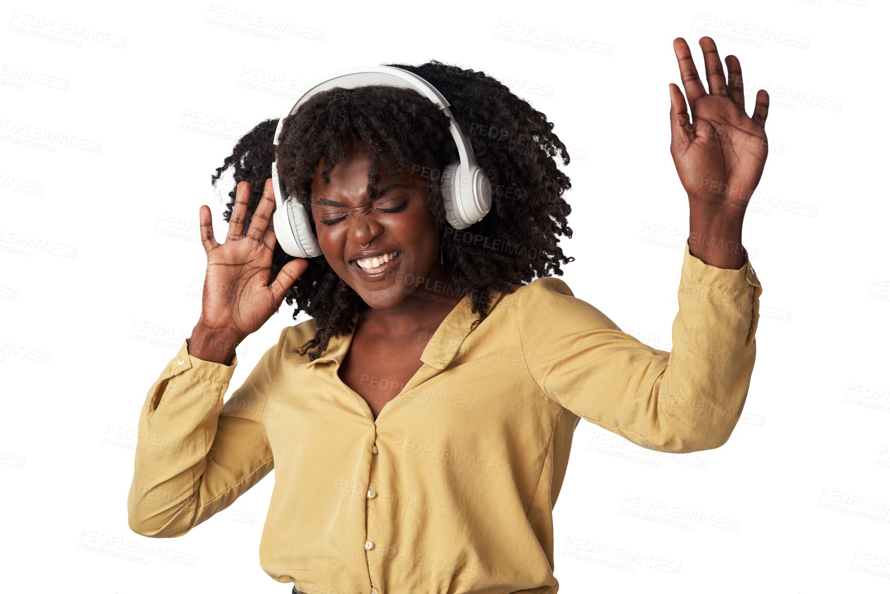 Buy stock photo Woman, headphones and dance to happy music, streaming service and gospel or religion podcast. African person with praise and worship listening to radio or audio isolated on transparent png background