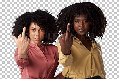 Buy stock photo Portrait, middle finger and women with anger, conflict and expression isolated on a transparent background. Face, female people or models with hand gesture, png or frustrated with hate, rude or angry