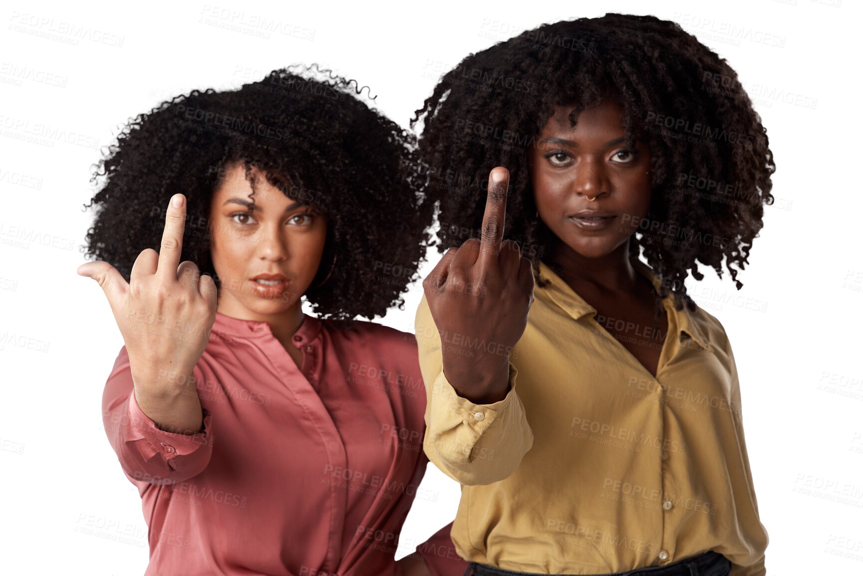 Buy stock photo Portrait, middle finger and women with anger, conflict and expression isolated on a transparent background. Face, female people or models with hand gesture, png or frustrated with hate, rude or angry