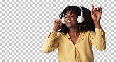 Buy stock photo Woman, headphones and listening to happy music, streaming service and techno or student mental health podcast. African person dance and singing radio or audio isolated on transparent, png background