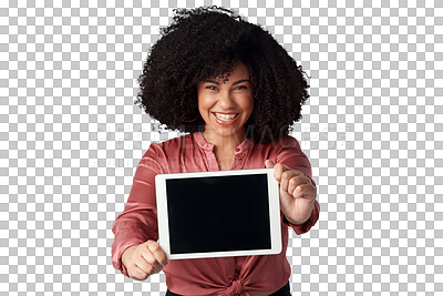 Buy stock photo Digital tablet, happy and portrait of a woman with mockup for marketing, promotion or advertising. Happiness, smile and headshot of female model with technology isolated by transparent png background