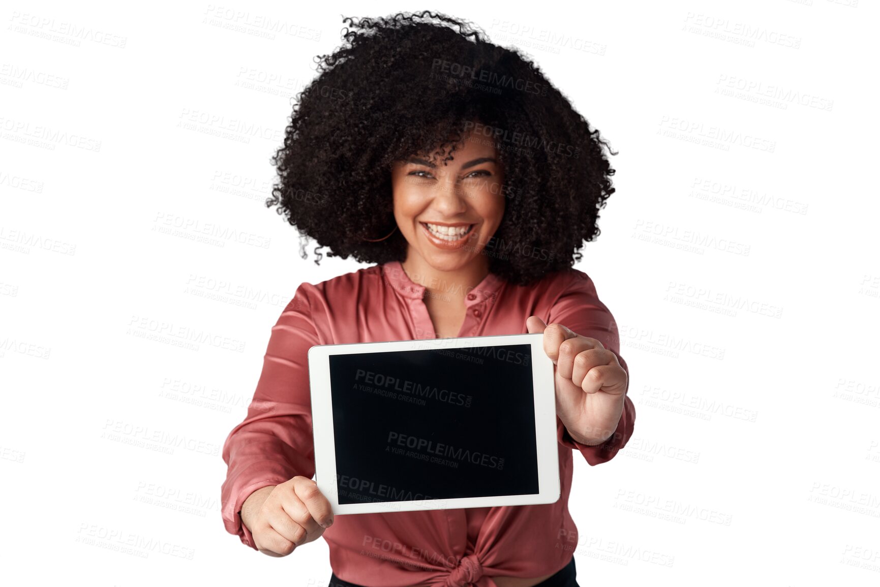 Buy stock photo Digital tablet, happy and portrait of a woman with mockup for marketing, promotion or advertising. Happiness, smile and headshot of female model with technology isolated by transparent png background