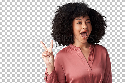 Buy stock photo Excited, portrait and woman with peace sign, wink and isolated on a transparent png background. Face, v hand gesture and happy African model with emoji for success, victory and achievement of winner.