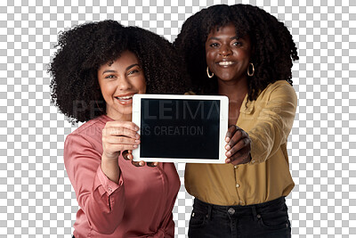 Buy stock photo Tablet, screen and portrait of women showing interactive ui, ux and isolated in a transparent or png background. Technology, together and happy young female with internet, website or app review