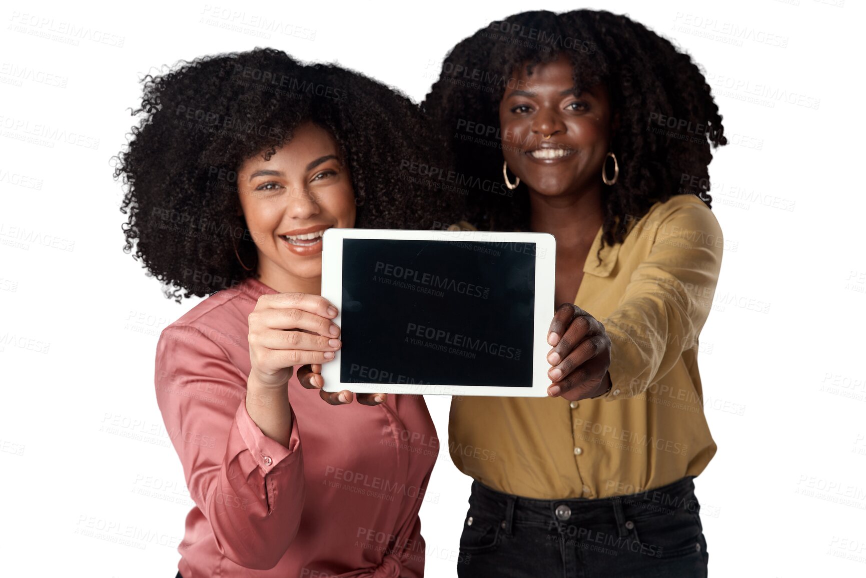 Buy stock photo Tablet, screen and portrait of women showing interactive ui, ux and isolated in a transparent or png background. Technology, together and happy young female with internet, website or app review