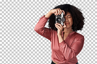 Buy stock photo Isolated woman, photography and retro camera for media, news or content creator job by transparent png background. Paparazzi girl, photographer and lens for shooting newspaper, magazine or tabloid