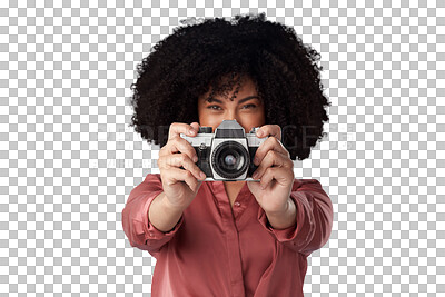 Buy stock photo Isolated woman, journalist and retro camera for media, news and content creator by transparent png background. Paparazzi girl, photographer and vintage lens for shooting newspaper, magazine or press