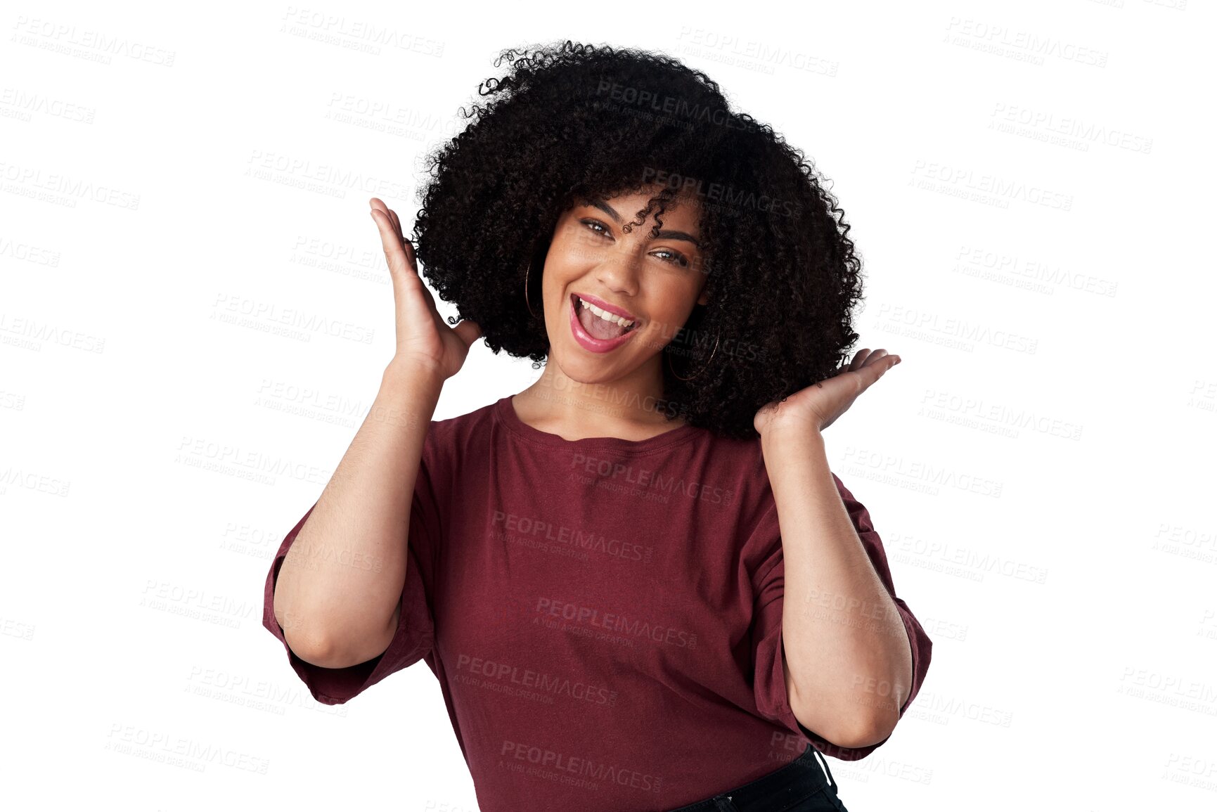 Buy stock photo Hair, wow and portrait of african woman for salon results and excited with healthy growth isolated on transparent png background. Curly, natural and happy model or person with surprise for hairstyle