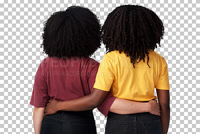 Buy stock photo Black women, afro and behind friends together for support, empowerment or freedom and a hug. African people isolated on a transparent, png background for motivation, hairstyle or solidarity and care