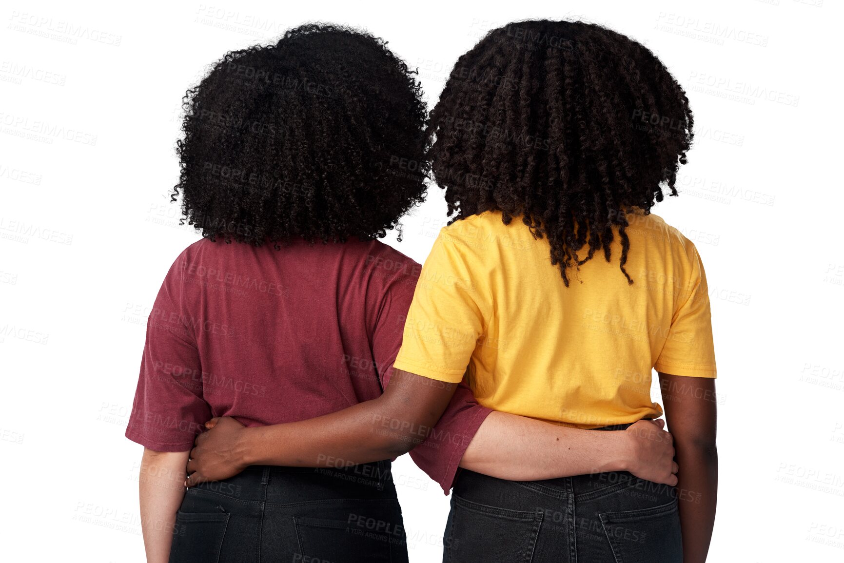 Buy stock photo Black women, afro and behind friends together for support, empowerment or freedom and a hug. African people isolated on a transparent, png background for motivation, hairstyle or solidarity and care