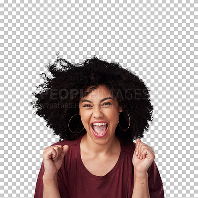 Buy stock photo Surprise, excited and portrait of a woman with celebration for winning, success or achievement. Happy, smile and headshot of young female model with wow gesture isolated by transparent png background