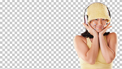 Fashion, music headphones and woman portrait with mockup space isolated on yellow background. Face of a happy asian girl model with tech for listening to audio, sound or podcast advertising in studio