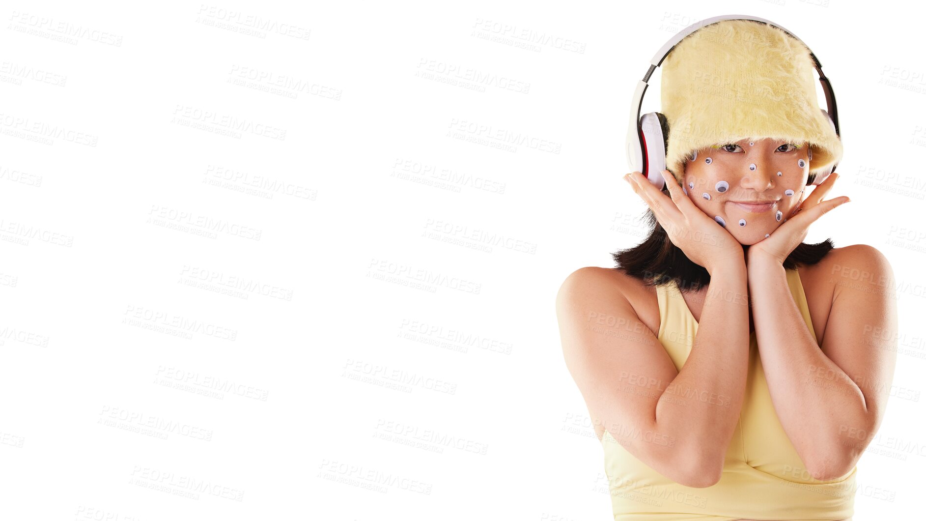 Buy stock photo Music, listening with headphones and portrait of woman with mockup space isolated on transparent or png background. Happy face, Asian girl and technology for audio, sound or podcast advertising