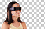 3d metaverse, virtual reality and woman in vr, exploring cyber world or futuristic technology. Future, eye stickers and female with digital headset for gaming in studio isolated on yellow background.