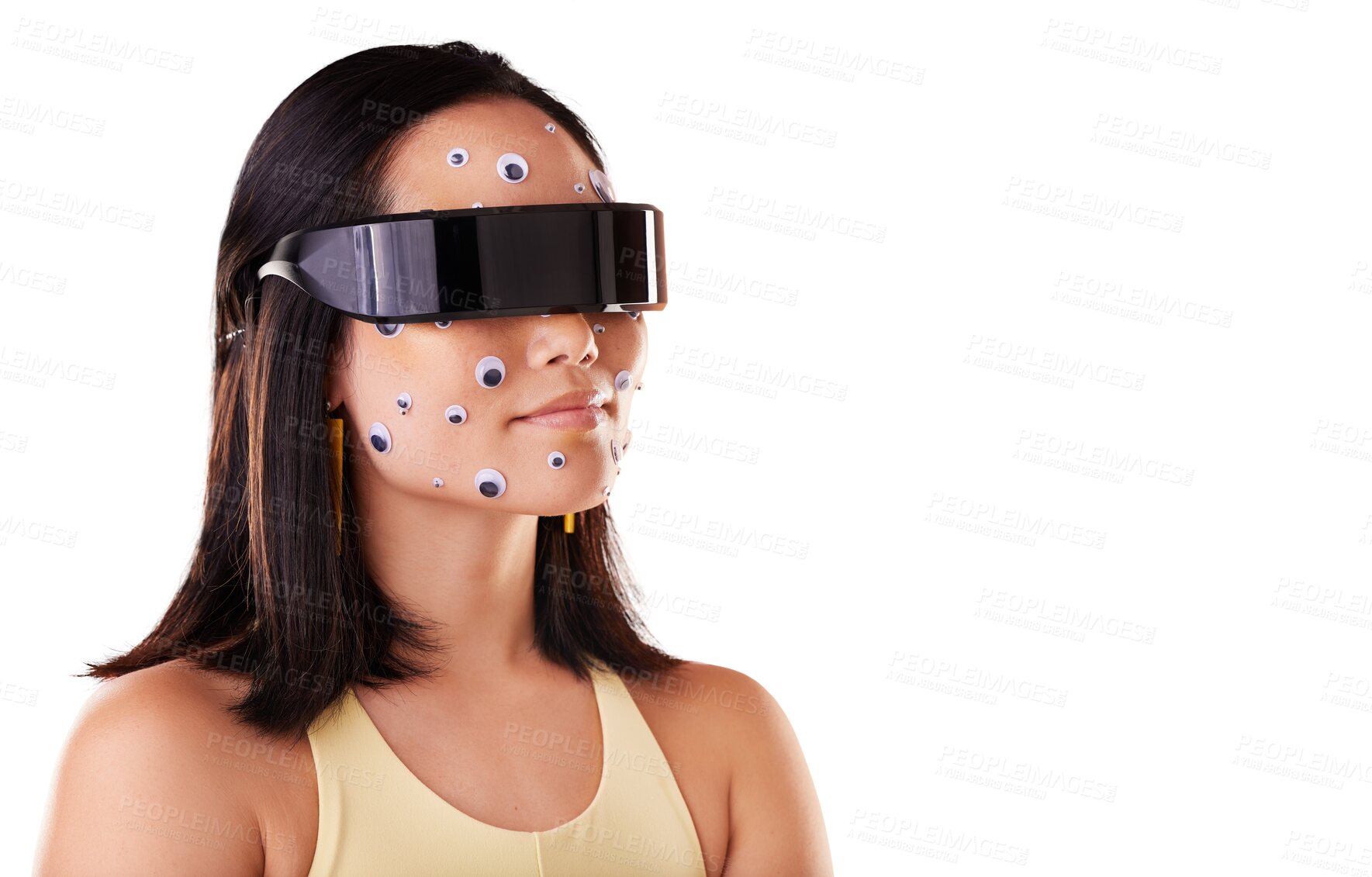 Buy stock photo 3d metaverse, virtual reality or woman in vr, exploring cyber world or futuristic technology. Future, eye stickers or female with digital headset with png or gaming isolated on transparent background