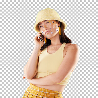 Fashion, phone call and Asian woman with comic eyes isolated on a yellow background in a studio. Trendy girl model thinking about idea or question for communication, connection or mockup on cellphone