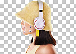 Eye stickers, music headphones and woman in studio isolated on a yellow background mockup. Freedom, technology and face profile of female listening, enjoying and streaming radio, podcast and audio.