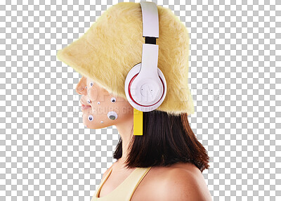 Eye stickers, music headphones and woman in studio isolated on a yellow background mockup. Freedom, technology and face profile of female listening, enjoying and streaming radio, podcast and audio.