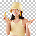 Woman, banana phone call and studio portrait, question and eyes sticker art on confused face. Asian model girl, yellow background and fashion with beauty, aesthetic and cosmetic wellness with fruit