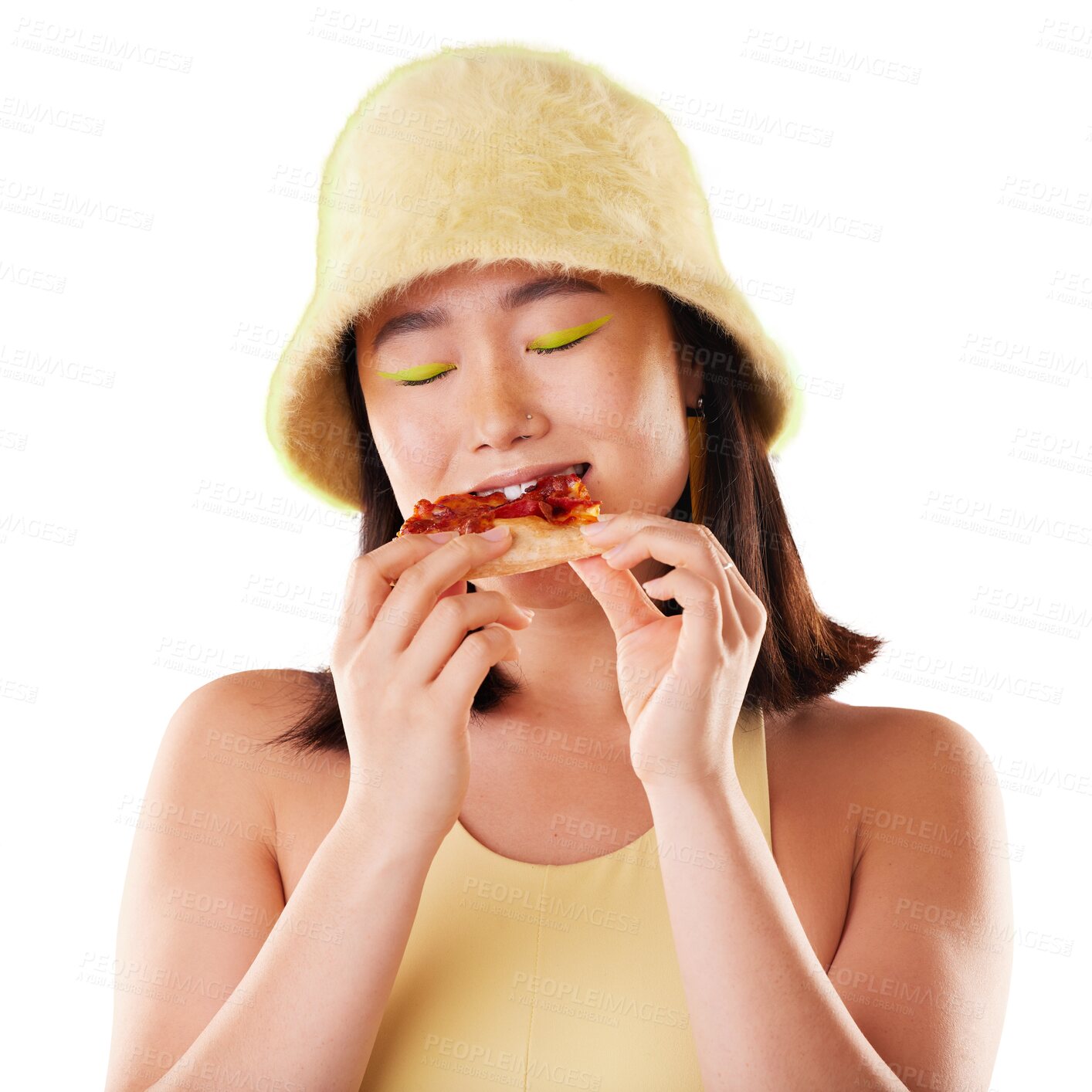 Buy stock photo Asian woman, eating pizza or fashion with happiness, retro or aesthetic isolated on a transparent background. Young gen z model, junk food or girl with meal, cheat snack and beauty with makeup or png