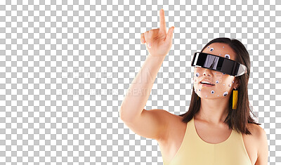 Virtual reality, 3d metaverse and woman in vr, click in cyber world or futuristic tech. Mockup, face stickers and happy female with digital headset for gaming in studio isolated on yellow background.