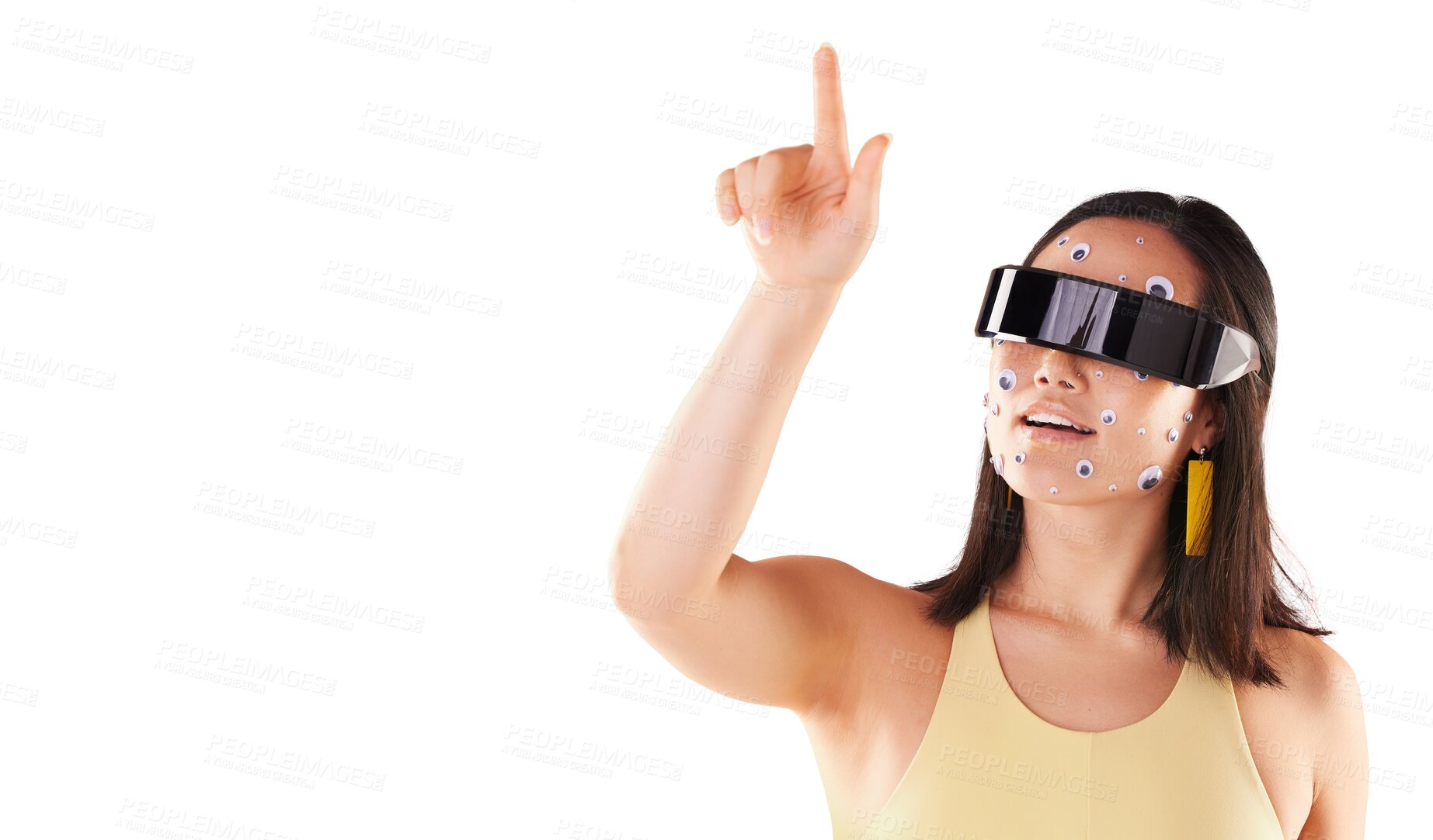 Buy stock photo Isolated woman, virtual reality glasses and press with choice, metaverse or gaming by transparent png background. Gen z girl, ar vision and finger for 3d user experience, esports or tech promotion