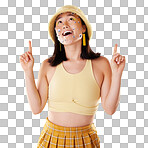 Thinking, pointing and woman with eyes for comedy isolated on a yellow background in a studio. Idea, comic and Asian girl with a gesture up and facial product for expression and funny on a backdrop