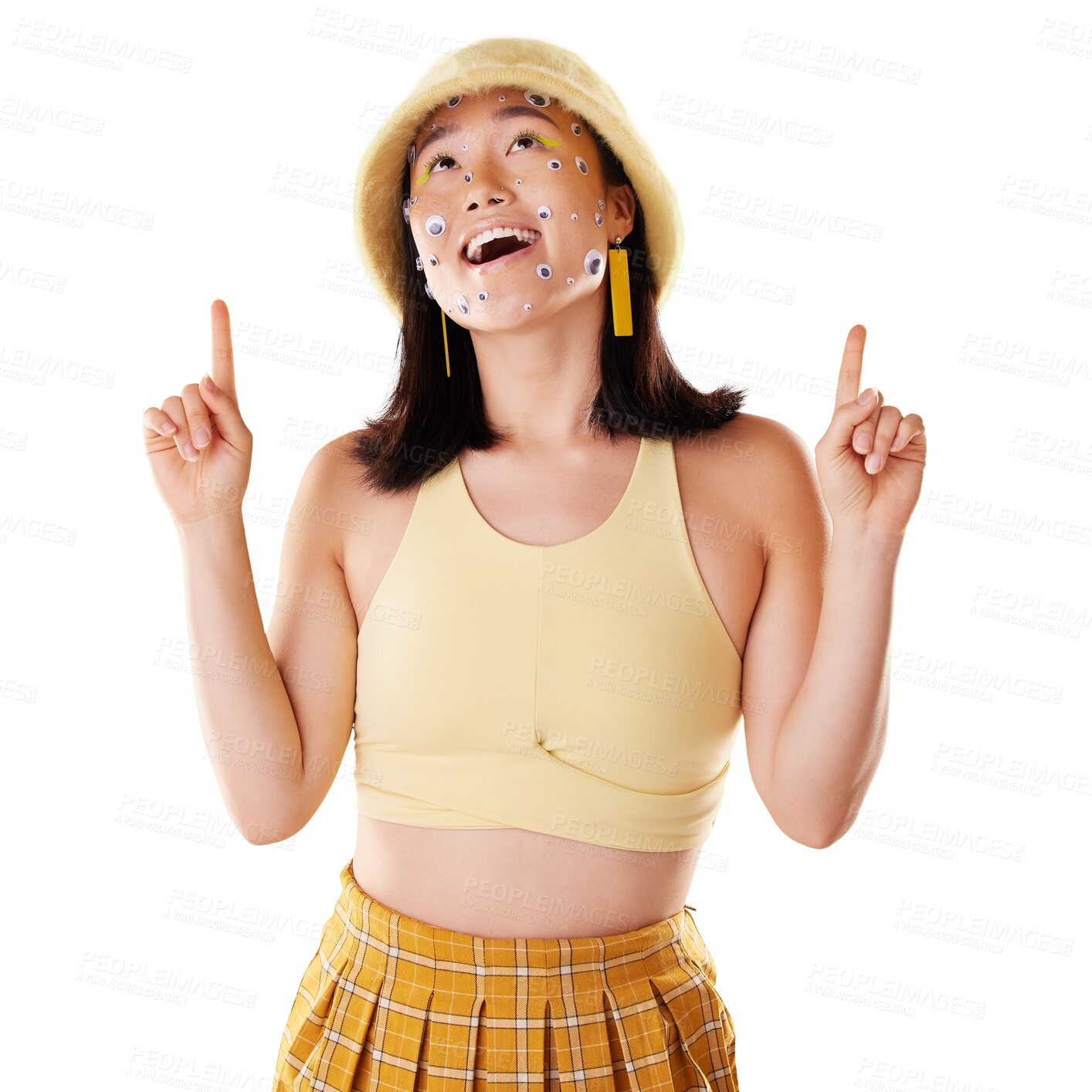 Buy stock photo Hands, pointing to choice and woman with eyes on face with sticker art or makeup on isolated, transparent or png background. Asian, gen z girl and gesture to product, mockup or thinking of decision